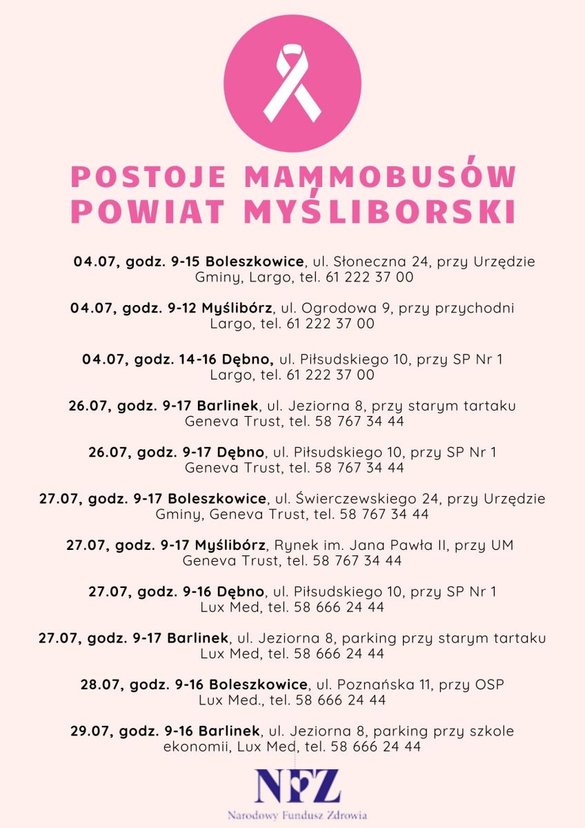 Powiększ plakat. Postoje mammobusów powiatu myśliborskiego. Pełna treść w informacji