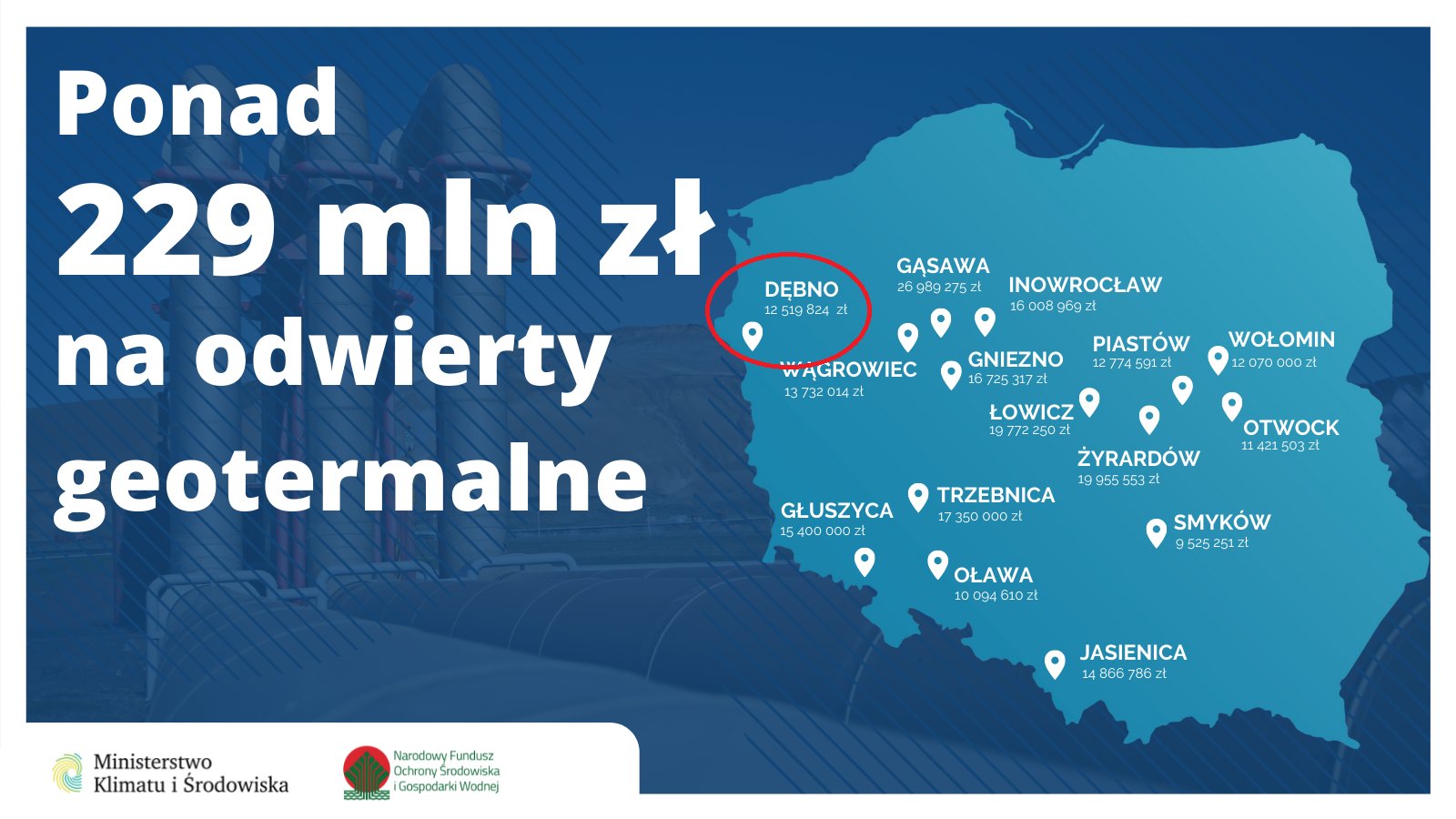 Powiększ mapa Polski z zaznaczonymi miejscowościami, które otrzymały dofinansowanie 