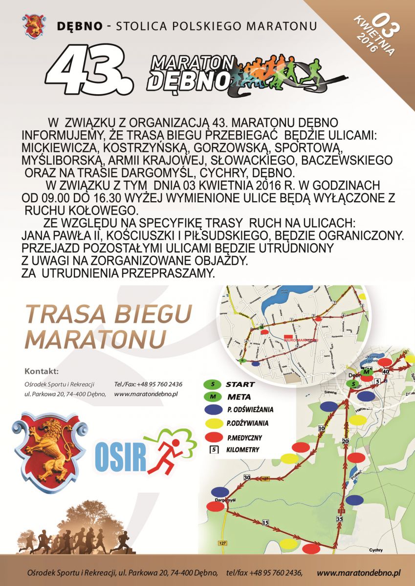 Plakat z trasą biegu i informacją o utrudnieniach w ruchu. Treść plakatu poniżej 
