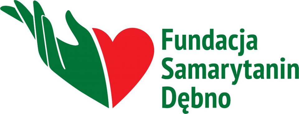 Log zielona wyciągnięta dłoń i połówka czarwonego serca oraz napis Fundacji Samarytanin Dębno 