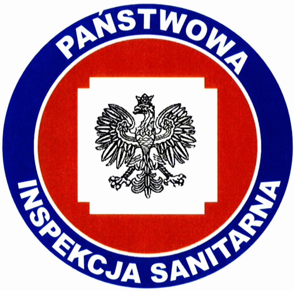 okrągłe logo Państwowej Inspekcji Sanitarnej, w środku orzeł biały, na czerwonym tle