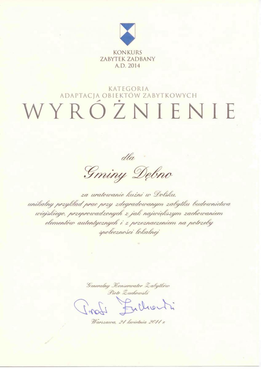 Dyplom za wyróżnienie w konkursie "Zabytek zadbany" 