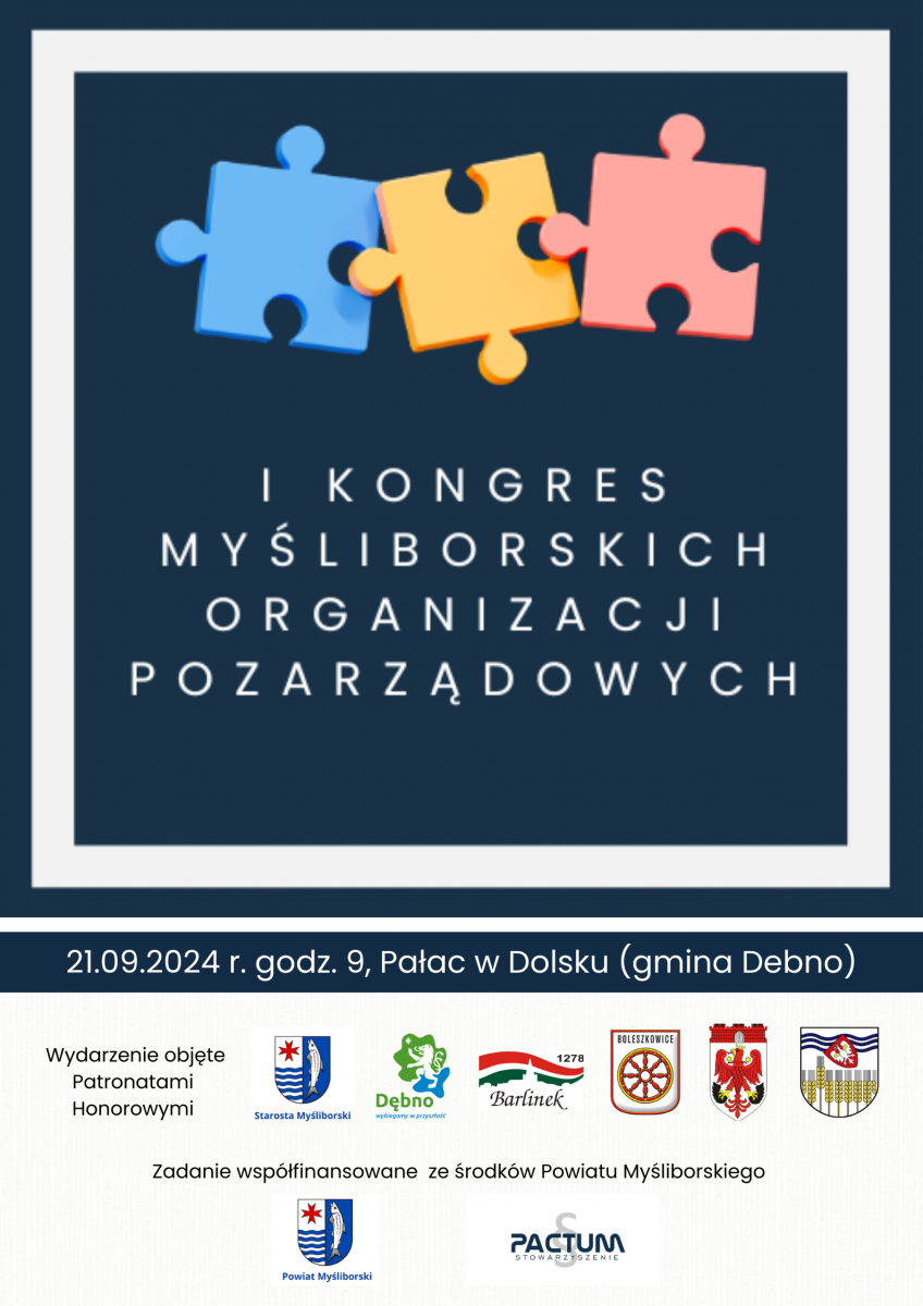 Plakat grafiki połączone puzzle w kolorze niebieskim, żółtym, różowym napis I Kongres Myśłiborskich . termin i miejsce. Pełna treść w informacjiOrganizacji Pozarządowych