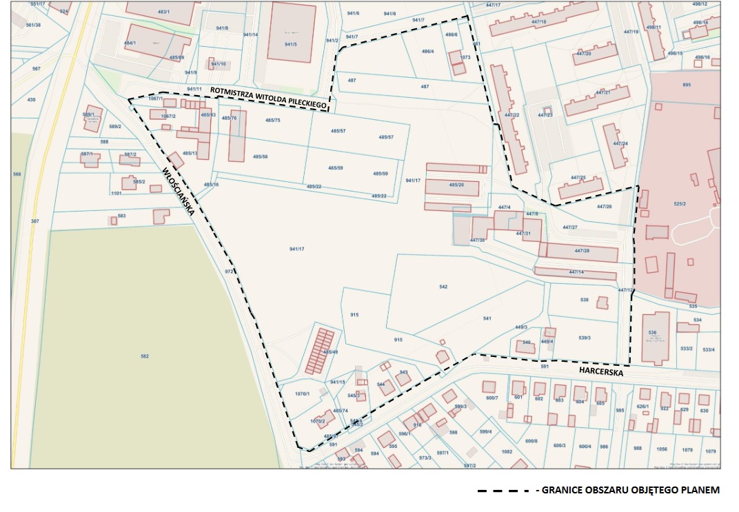 Mapa obszaru planu zagospodarowania. Obszar zaznaczony czarną przerywaną linią 