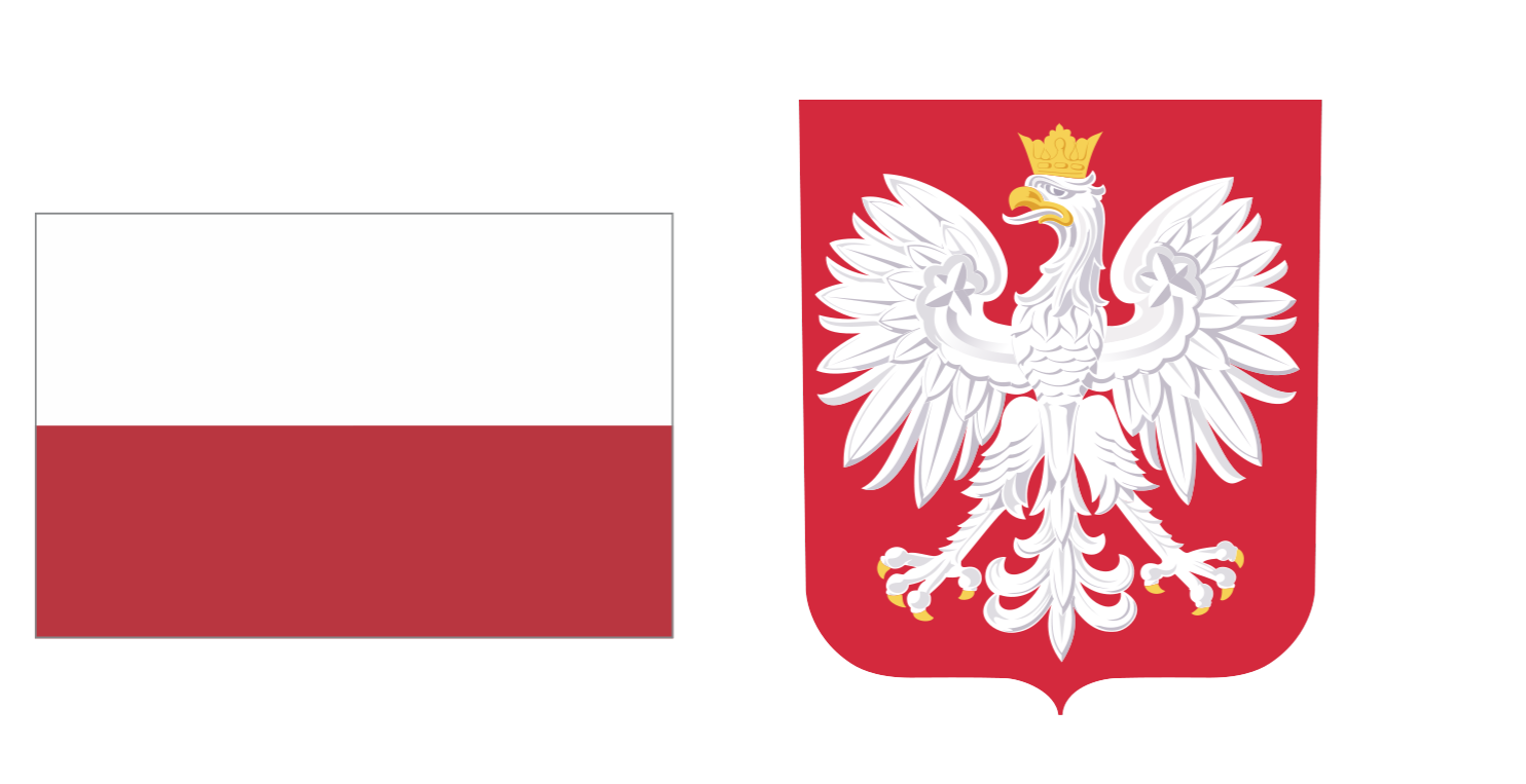 biało-czerwona flaga, godło Polski- biały orzeł ze złotą koroną na czerwonej tarczy 