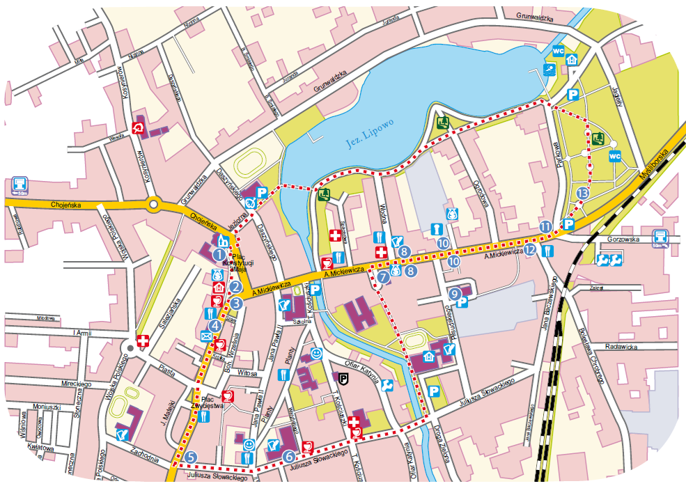 Mapa spaceru po mieście z zaznaczonymi punktami. Pełny opis w treści