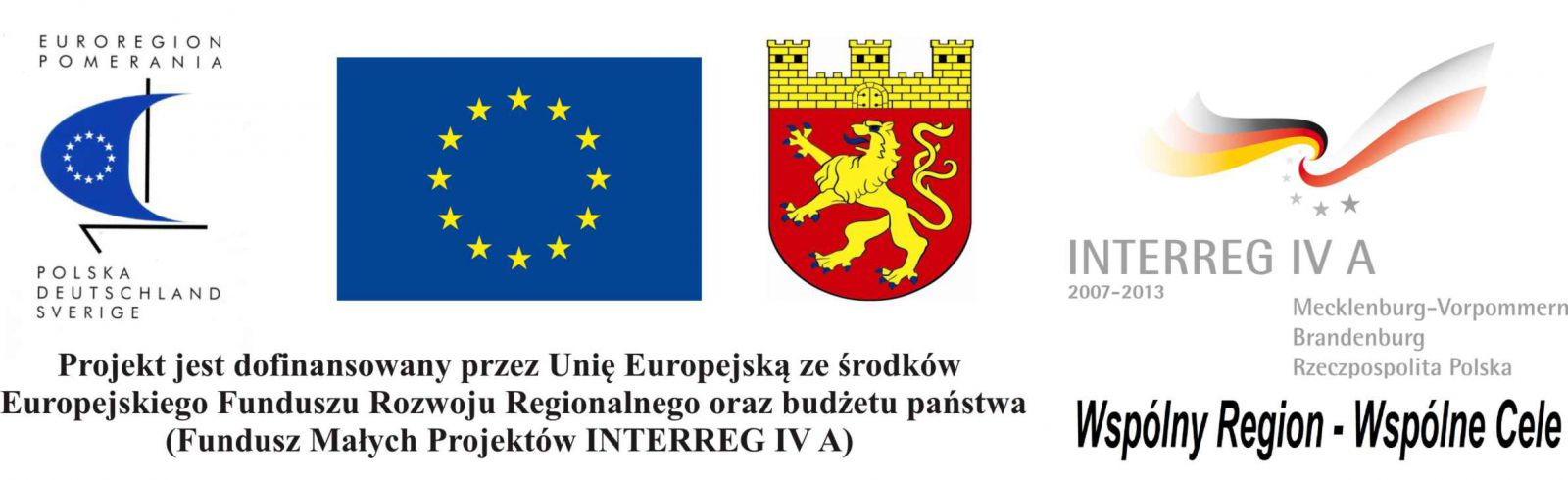 logo (od lewej) Euroregion Pomerania, UE, herb Dębna, Intrreg IVA