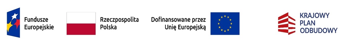 Ciąg logotypów: Fundusze Europejskie, flaga Polski, flaga UE, logo Krajowy Plan Odbudowy