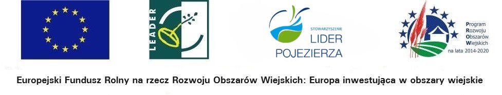 Ciąg logotypów: Unia Europejska, Leader, Lider Pojezierza, Prow