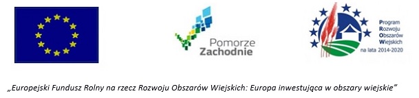 Ciąg logotypów: flaga EU, logo Pomorze Zachodnie, logo PROW